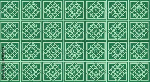 Seamless Green Islamic Geometric Pattern with Crescent Moon and Star