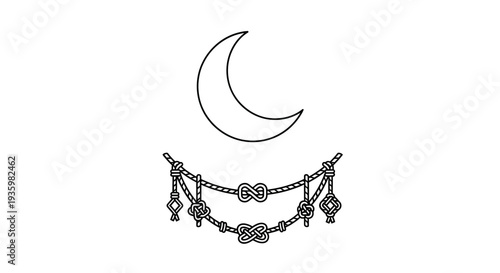 Crescent moon and decorative knot garland line art illustration