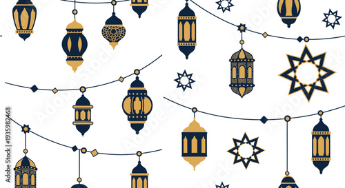 Ramadan Lanterns and Stars Seamless Pattern - Islamic Celebration Decorative Elements