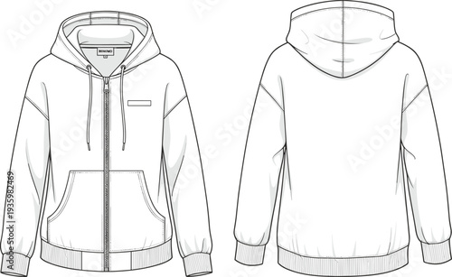 Technical fashion flat sketch of a unisex oversized zip up hoodie with kangaroo pockets and ribbed cuffs CAD drawing vector