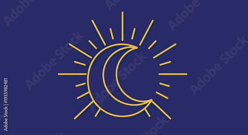 Celestial Sun and Moon Icon with Rays on Dark Blue Background