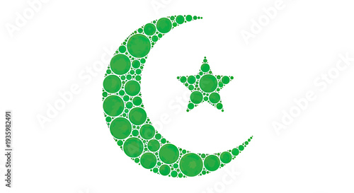 Green Crescent Moon and Star Symbol - Islamic Icon Made of Circles
