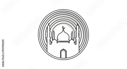 Mosque Silhouette Icon in Concentric Circles on White Background