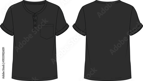 Short sleeve henley t-shirt technical flat sketch, button placket with pocket and rolled sleeves, cad drawing flat vector illustration,