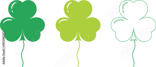 Three shamrock-shaped balloons, featuring solid green, lighter green, and outline versions, are presented with attached strings.