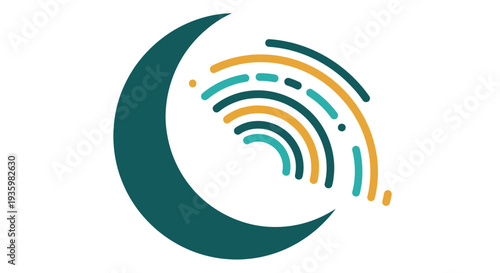 Crescent moon with abstract radiating lines, digital art, teal and gold