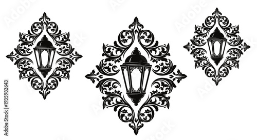 Ornate Lantern Monograms with Damask Flourishes - Black and White Vector