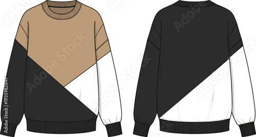 Color block sweatshirt technical flat sketch, oversized crew neck pullover template, front and back view, cad drawing flat vector illustration,