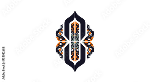 Abstract Geometric Ornament with Tribal Patterns and Dark Blue and Orange Accents