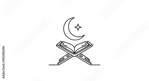 Islamic Holy Book Quran open on stand, crescent moon and star