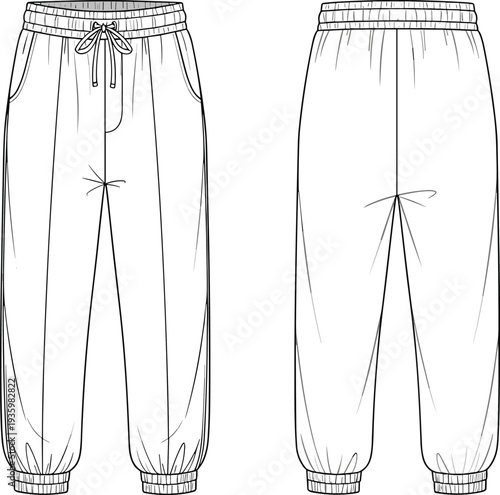 High waisted jogger sweatpants technical flat sketch, oversized drawstring track pants template, cad drawing flat vector illustration for fashion design,