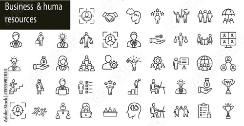 Business and human resources line icon set featuring teamwork leadership career recruitment success and office work for management and more vector illustration or editable stroke