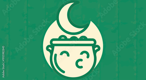Cartoon Pot with Moon and Stars, Green Background, Festive Icon
