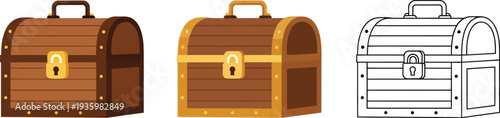 A collection of two closed wooden treasure chests with metal fittings and a corresponding outline drawing demonstrate various options.