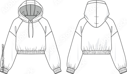 Women cropped hoodie technical flat sketch, oversized raglan sleeve hooded sweatshirt template, cad drawing flat vector illustration for fashion design,