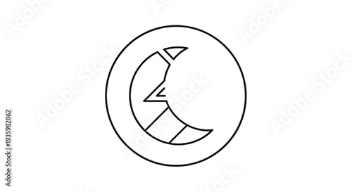 Crescent Moon Face Icon in Circle, Minimalist Line Art