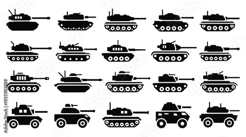 Military tank and armored vehicle icon set featuring heavy artillery and battle machines