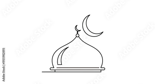 Islamic mosque dome with crescent moon, simple line art icon. Ramadan, Eid, Islamic symbol.