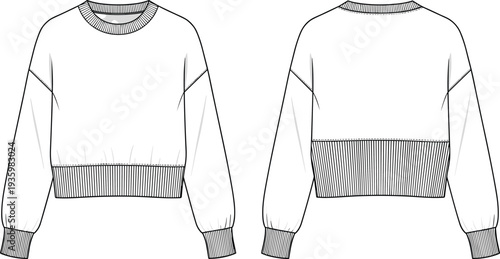 Women cropped crew neck sweatshirt technical flat sketch, oversized long sleeve ribbed hem pullover, cad drawing flat vector illustration,