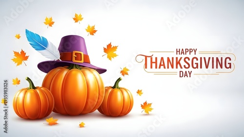 A festive Happy Thanksgiving Day graphic featuring pumpkins, a pilgrim hat and autumn leaves.