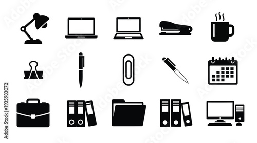 Office stationery and desk equipment icon set including laptop, computer, folders, and pens