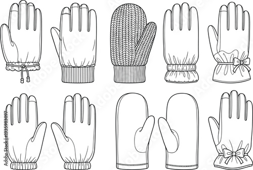 Winter gloves and mittens technical flat sketch collection, seasonal handwear accessories set, cad drawing flat vector illustration for fashion,