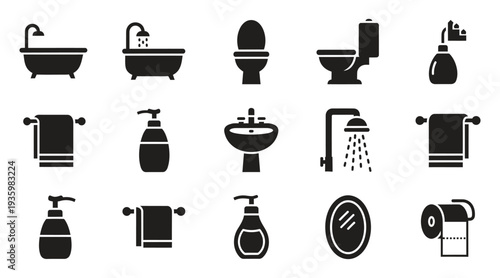 Bathroom and sanitary icon set featuring bathtub, toilet, shower, towel and soap dispenser symbols