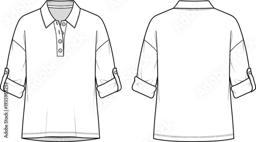 Oversized polo shirt technical flat sketch, long sleeve button up jersey top, drop shoulder, cad drawing flat vector illustration,