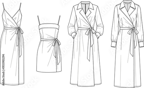 Wrap dress and coat collection technical flat sketch, tie waist robes, long sleeve outerwear, cad drawing flat vector illustration,