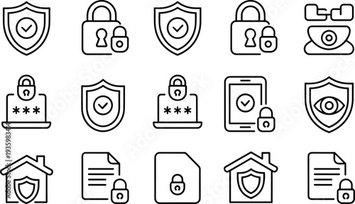 Cyber security and data protection icon set with shield, lock, password, surveillance camera, secure document symbols flat vector illustration