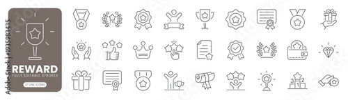 Reward achievement and success web line icon set with trophy, medal, certificate, bonus, ranking, recognition, motivation, incentive and prize. Editable stroke