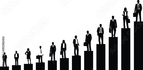Silhouette of business professionals standing on ascending bars, black and white vector illustration symbolizing career growth, success, hierarchy, achievement, and professional advancement concepts