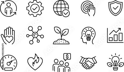 Business strategy and growth line icons set with teamwork, analytics, innovation, sustainability, partnership and leadership flat vector illustration