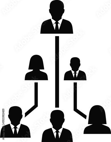 Silhouette of organizational chart with founder at top, executives and employees below, black and white vector illustration symbolizing authority, leadership, teamwork, and corporate hierarchy concept