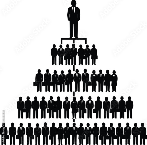 Silhouette of corporate pyramid hierarchy with executive at top, black and white vector illustration symbolizing authority, leadership, teamwork, management, and organizational structure concepts