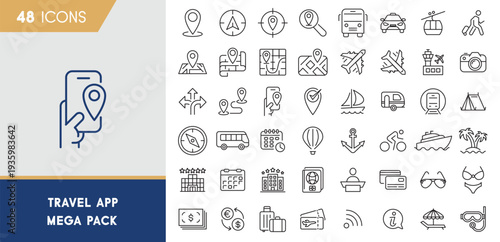 Travel App Mega Pack – 48 Navigation, Booking, Transport & Vacation Outline Icons