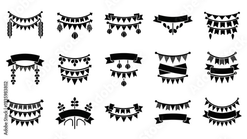 Black silhouette illustrations of various festival celebration banners and icons on a white background, featuring people and family symbols for design and decoration purposes.