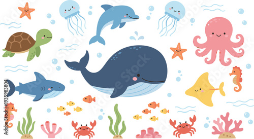 Cute Kawaii Sea Creatures Vector Set Featuring Whale Shark Octopus Sea Turtle and Dolphin for Nautical Nursery Decor and Kids Education.