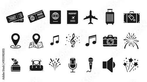 Black silhouette icons depicting various festival and celebration elements, including travel, music, and party symbols, arranged on a white background in a vector illustration design.