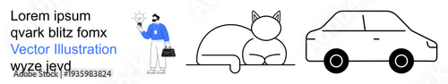 Idea generation, creativity, minimalism, transportation, pets, business concepts. A person holding a lightbulb, a sitting cat and a basic car. Idea generation and creativity visual