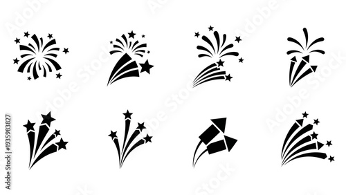 Black silhouette icons of fireworks and stars on a white background for celebration and festival designs