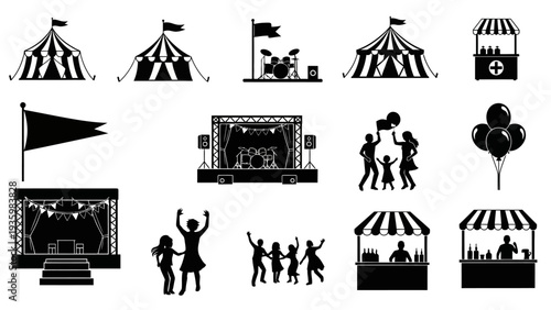Black silhouette illustration of various festival celebration icons, including people, tents, and event symbols, against a clean white background.