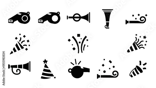 Black silhouette icons of people celebrating a festival or party with various designs and objects on a white background.