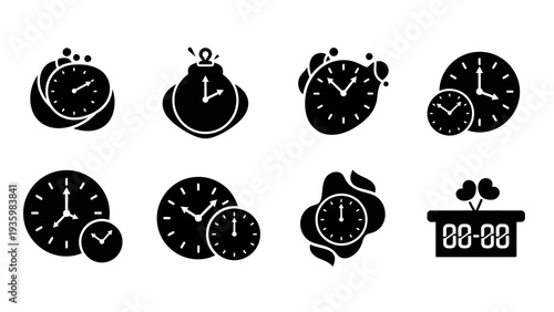 Black silhouette icons of various clocks and timers on a white background, used for design and business concepts related to time and scheduling.