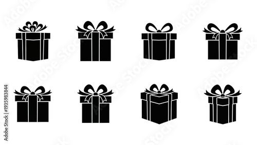 Black silhouette illustration of seven gift boxes with bows on a white background for design and celebration use.