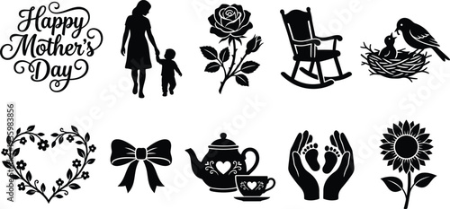 Happy mother s day illustration with floral and family themed silhouettes