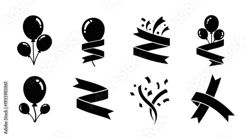 Black silhouette icons of festival celebration elements, including ribbons, balloons, and confetti, on a white background for design and decoration purposes.