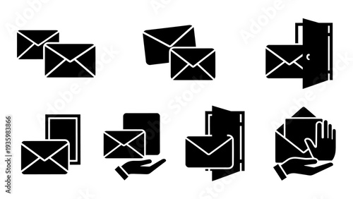 Black silhouette icons depicting various email and communication actions on a white background, conveying a sense of digital correspondence and business.
