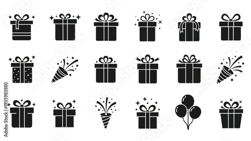 Black silhouette icons of gifts, party horns, and balloons on a white background, perfect for design and celebration themes.