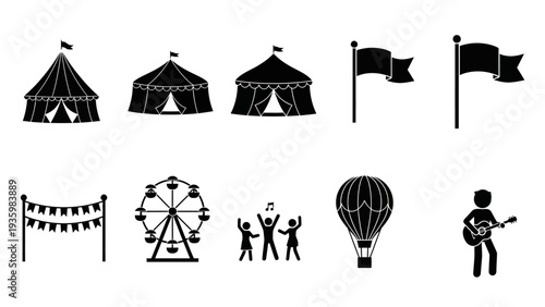 Black silhouette vector illustration of festival celebration icons including tents, flags, Ferris wheel, and people against a white background.